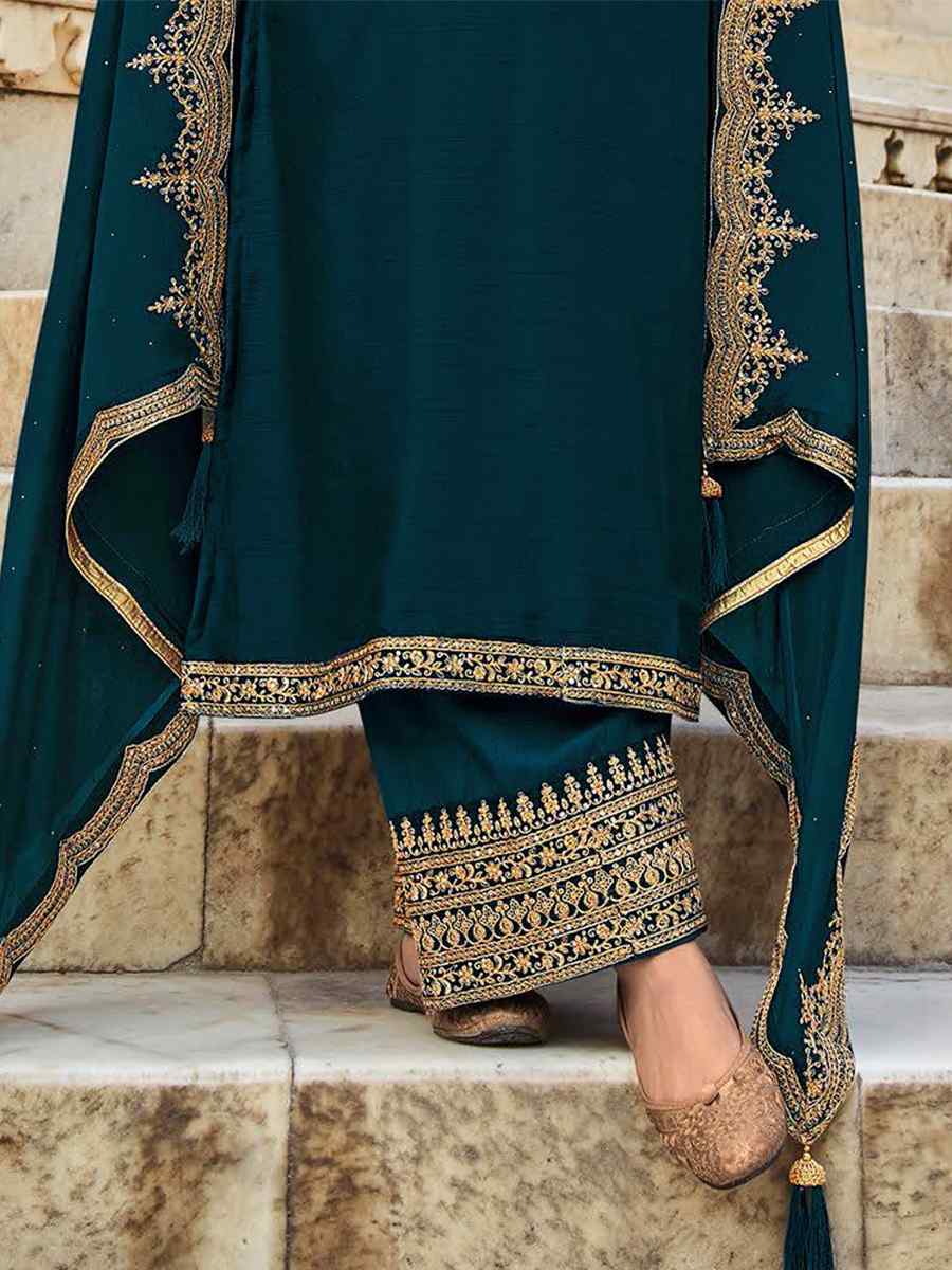 Teal Blue Dola Silk Embroidered Festival Wedding Pant Salwar Kameez