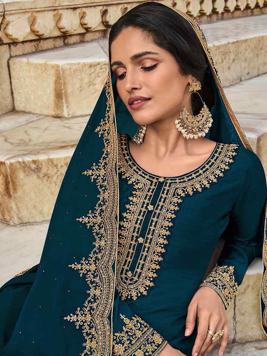 Teal Blue Dola Silk Embroidered Festival Wedding Pant Salwar Kameez