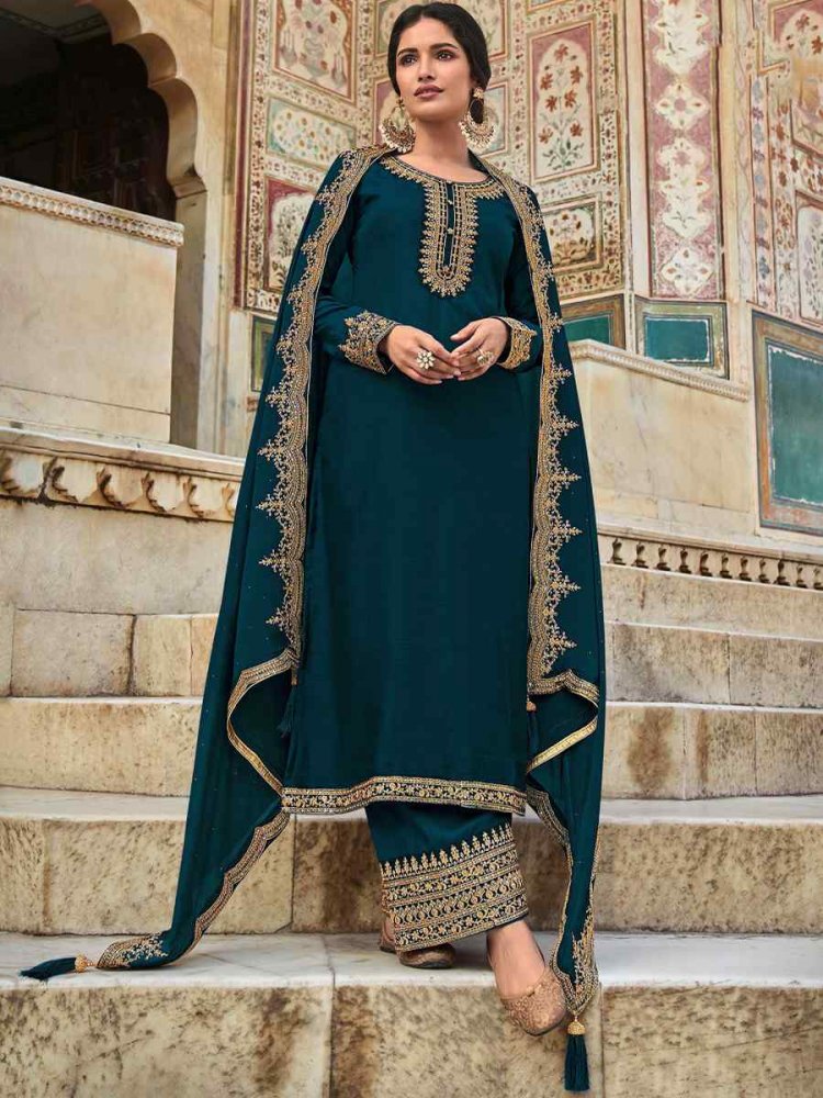 Teal Blue Dola Silk Embroidered Festival Wedding Pant Salwar Kameez