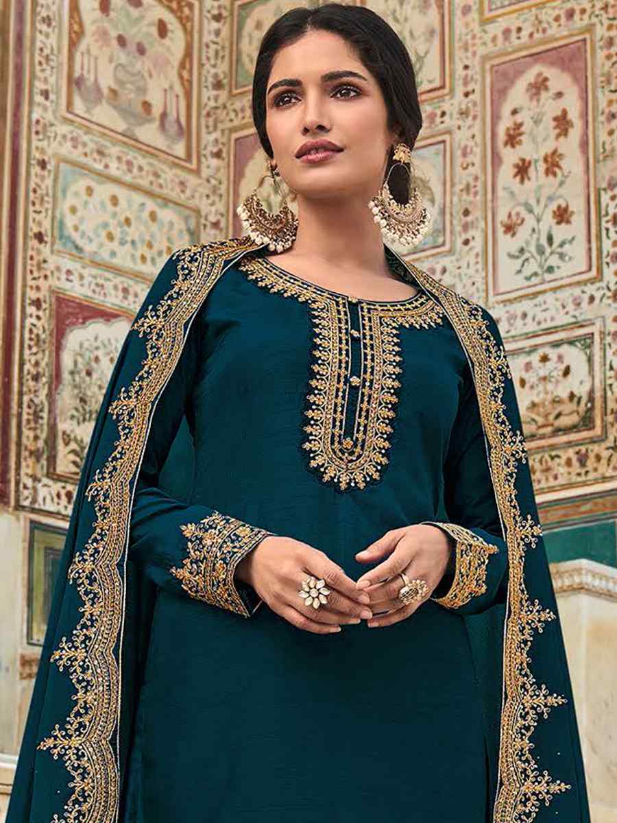 Teal Blue Dola Silk Embroidered Festival Wedding Pant Salwar Kameez