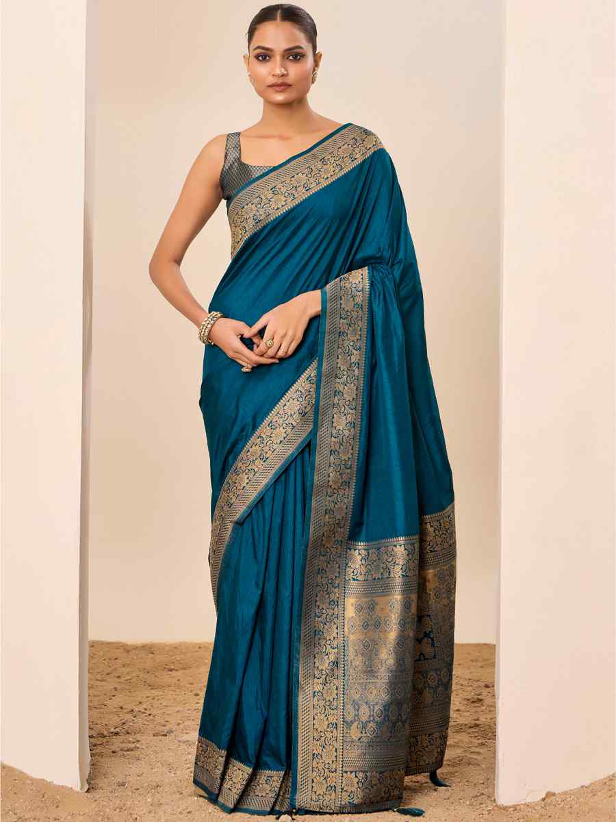Teal Blue Dolla Silk Handwoven Festival Wedding Fancy Heavy Border Saree