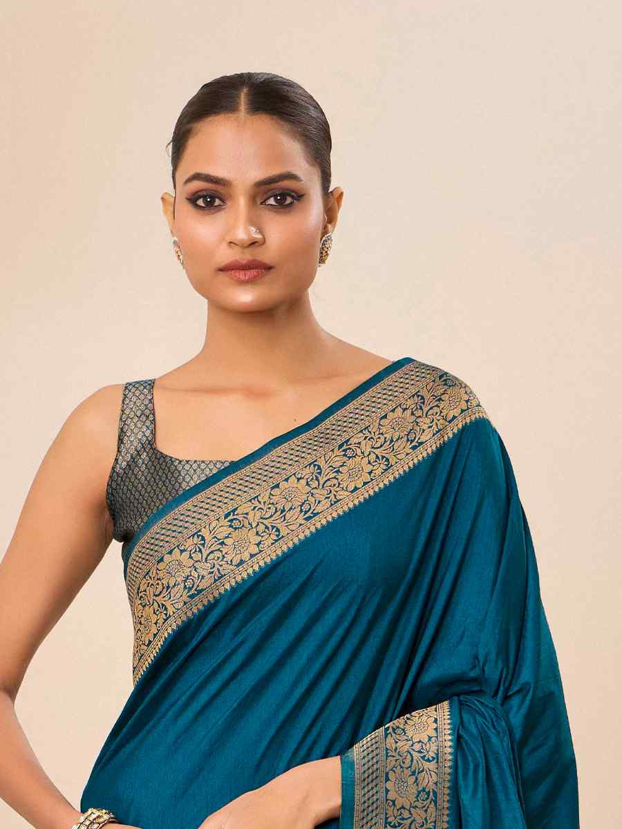 Teal Blue Dolla Silk Handwoven Festival Wedding Fancy Heavy Border Saree