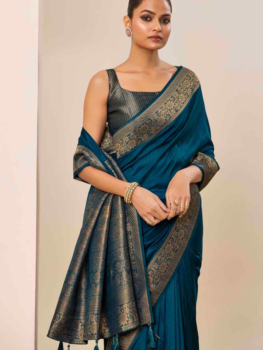 Teal Blue Dolla Silk Handwoven Festival Wedding Fancy Heavy Border Saree