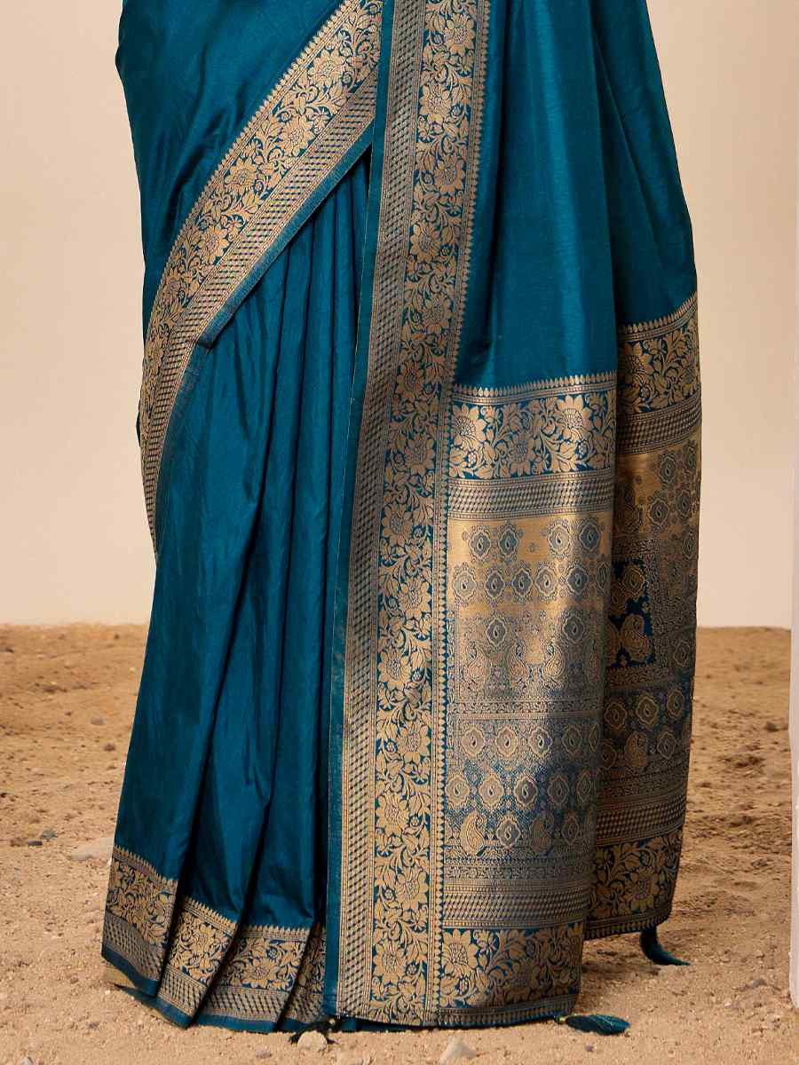 Teal Blue Dolla Silk Handwoven Festival Wedding Fancy Heavy Border Saree