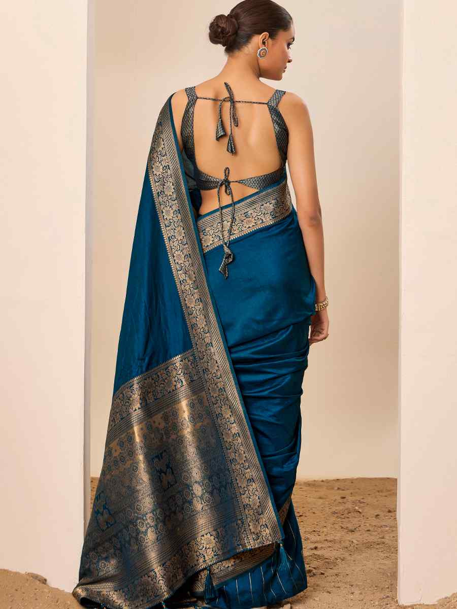 Teal Blue Dolla Silk Handwoven Festival Wedding Fancy Heavy Border Saree