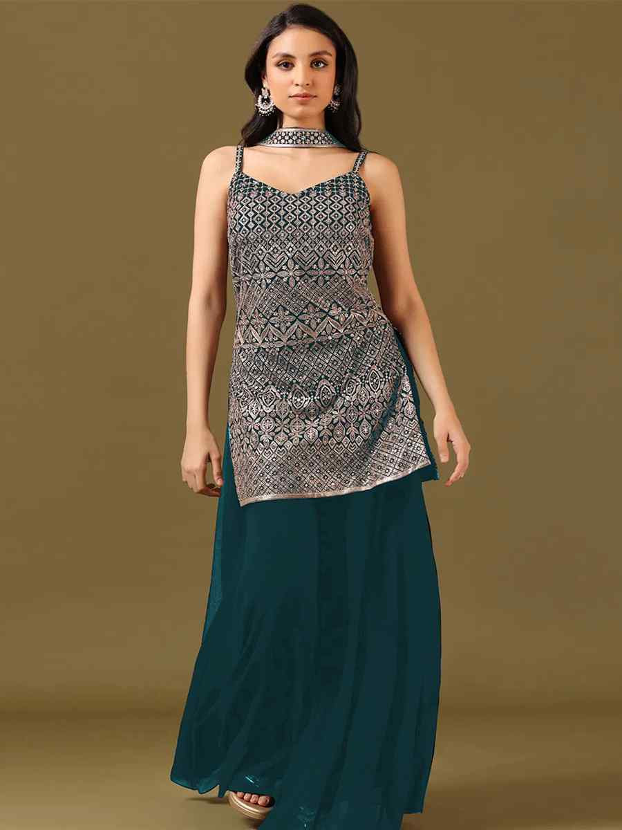 Teal Blue Embroidered Fastive Wedding Ready Palazzo Pant Salwar Kameez