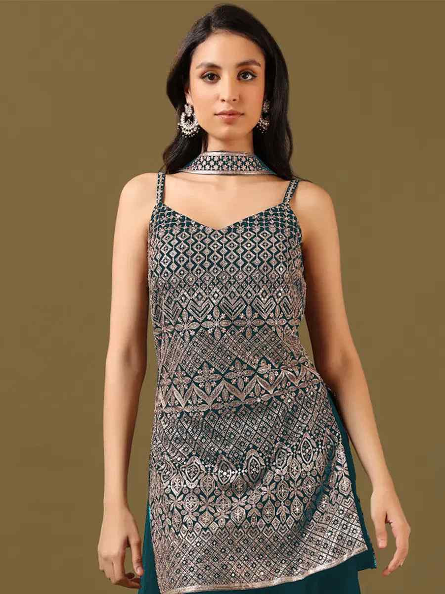 Teal Blue Embroidered Fastive Wedding Ready Palazzo Pant Salwar Kameez