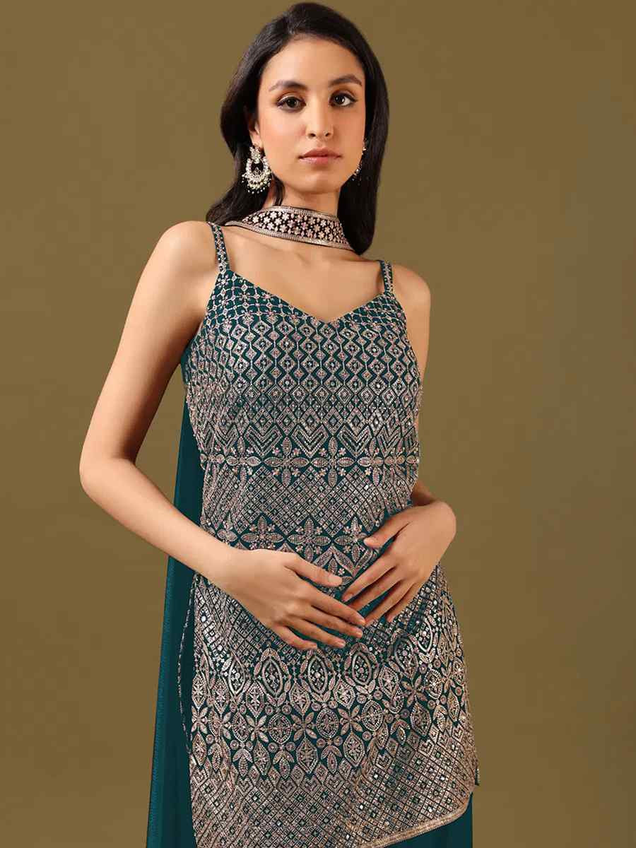 Teal Blue Embroidered Fastive Wedding Ready Palazzo Pant Salwar Kameez