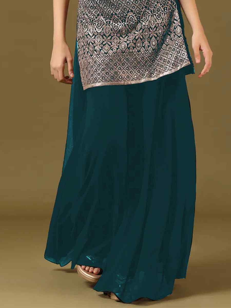 Teal Blue Embroidered Fastive Wedding Ready Palazzo Pant Salwar Kameez