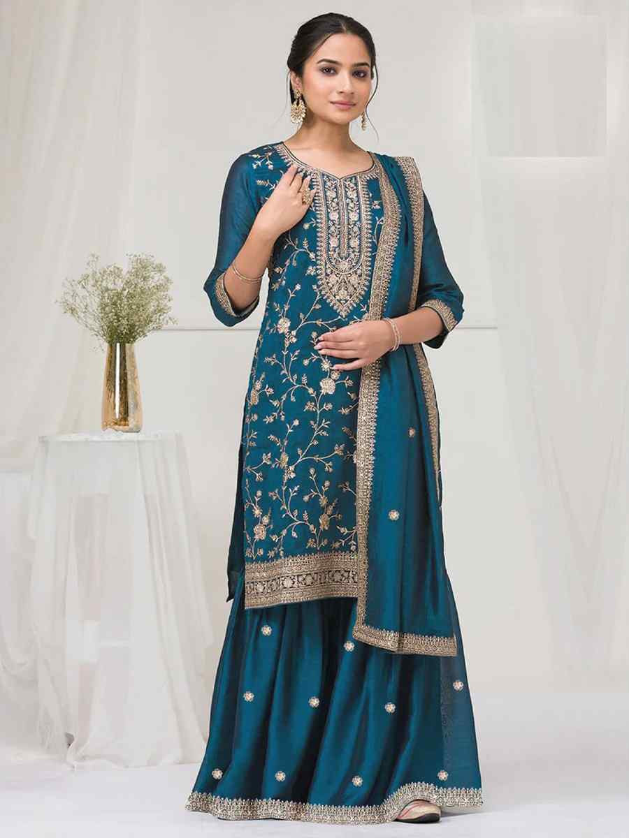Teal Blue Fancy Blooming Vichitra Silk Embroidered Festival Wedding Palazzo Pant Salwar Kameez