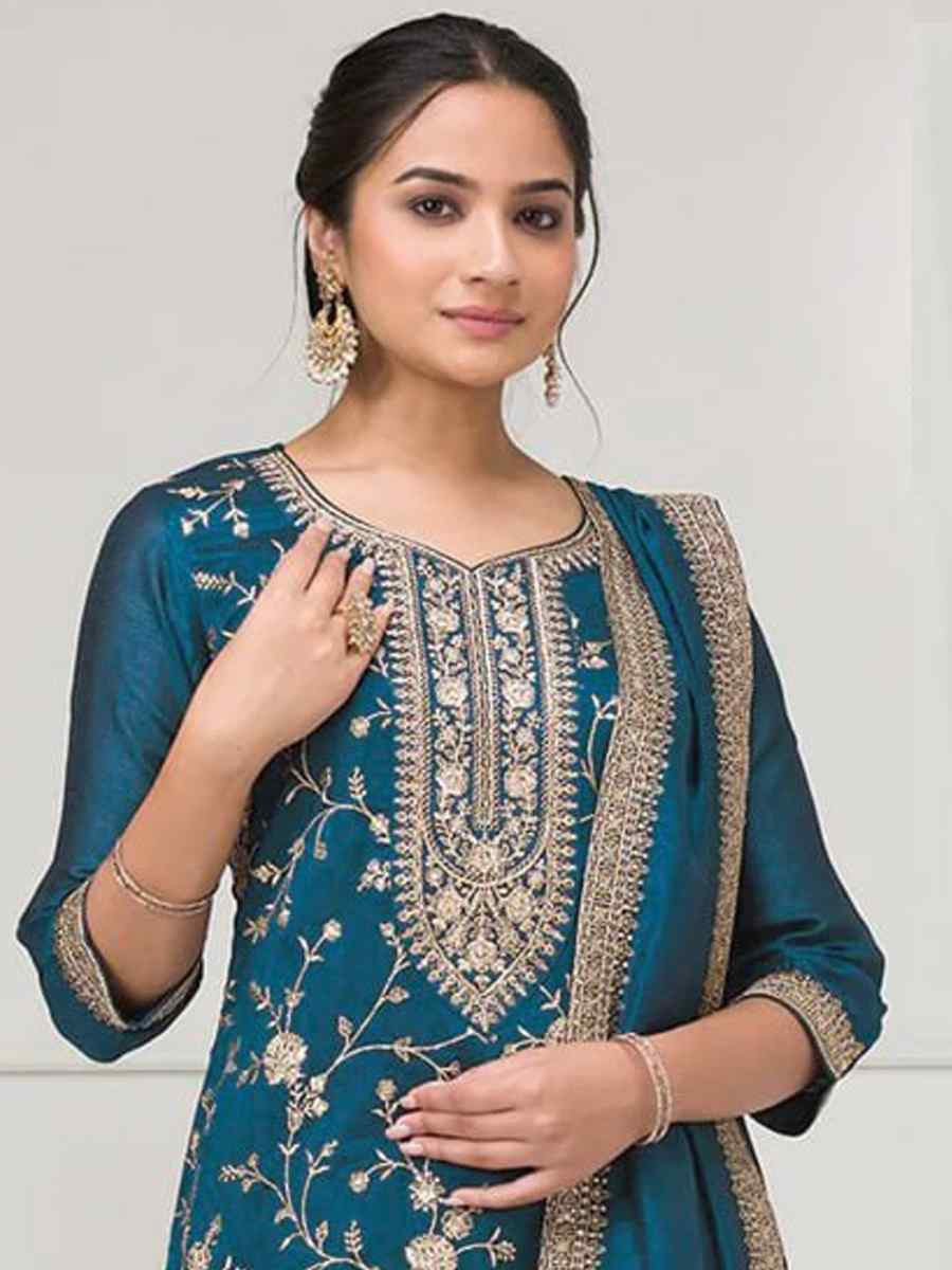 Teal Blue Fancy Blooming Vichitra Silk Embroidered Festival Wedding Palazzo Pant Salwar Kameez