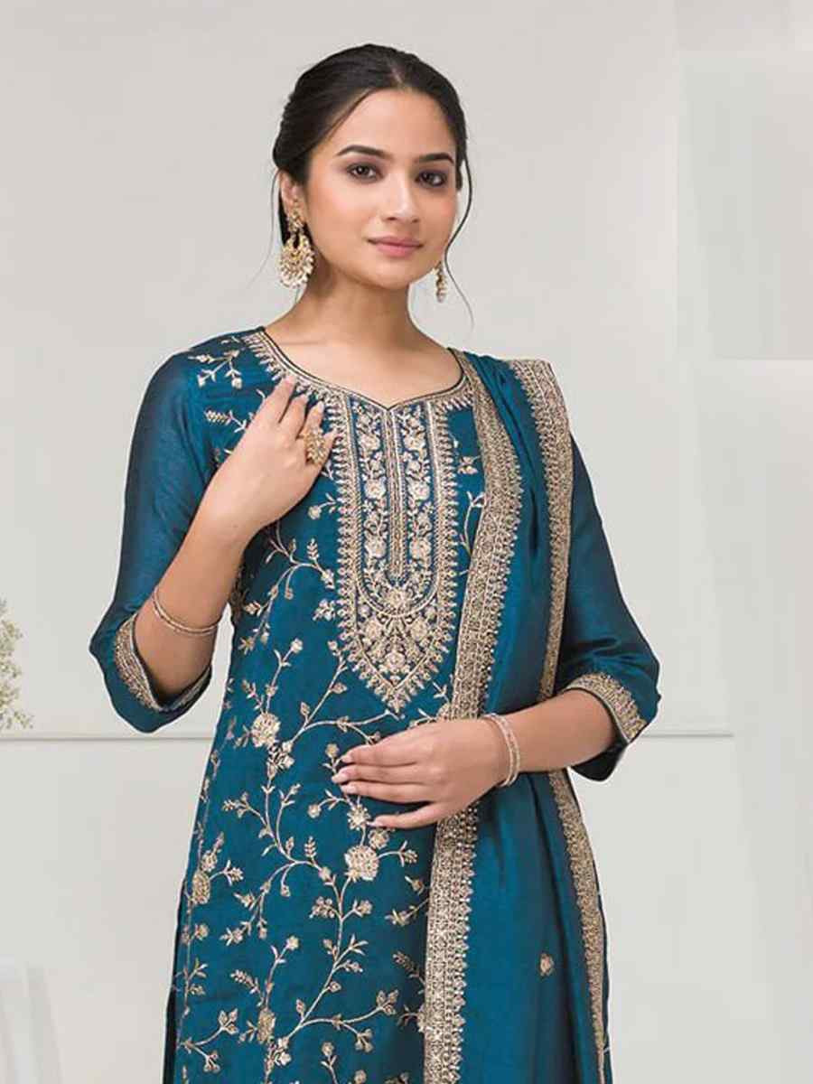 Teal Blue Fancy Blooming Vichitra Silk Embroidered Festival Wedding Palazzo Pant Salwar Kameez