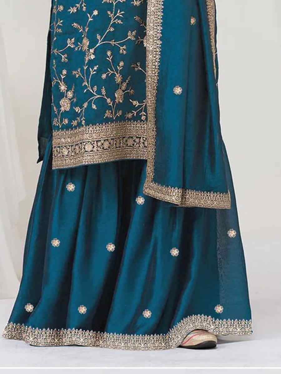 Teal Blue Fancy Blooming Vichitra Silk Embroidered Festival Wedding Palazzo Pant Salwar Kameez