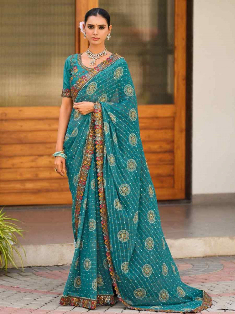 Teal Blue Fancy Georgette Embroidered Festival Wedding Fancy Heavy Border Saree