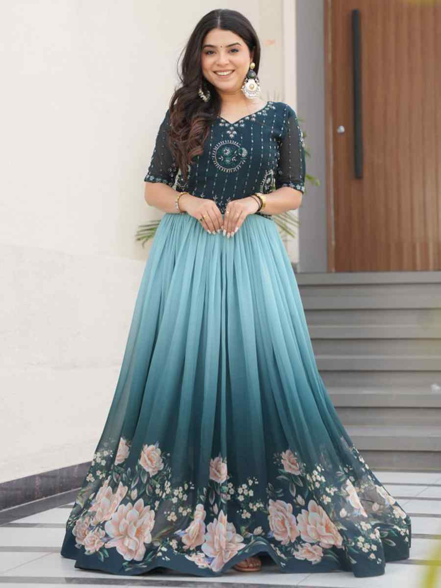 Teal Blue Faux Blooming Embroidered Festival Casual Gown