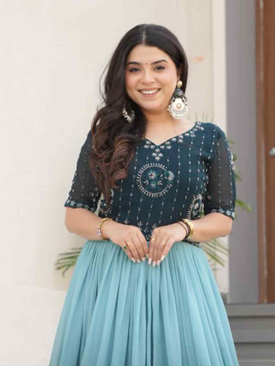 Teal Blue Faux Blooming Embroidered Festival Casual Gown