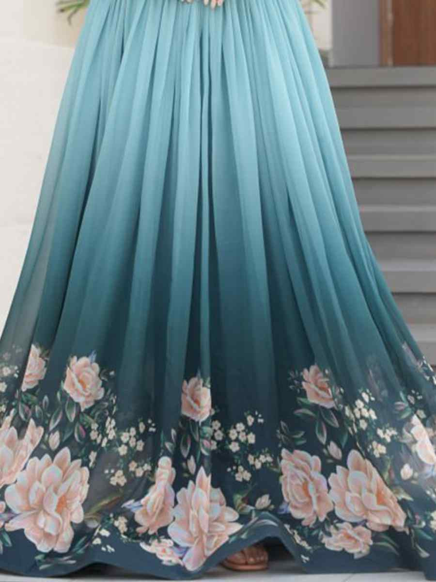 Teal Blue Faux Blooming Embroidered Festival Casual Gown