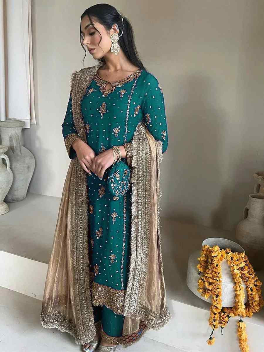 Teal Blue Faux Georgette  Embroidered Party Wedding Ready Palazzo Pant Salwar Kameez