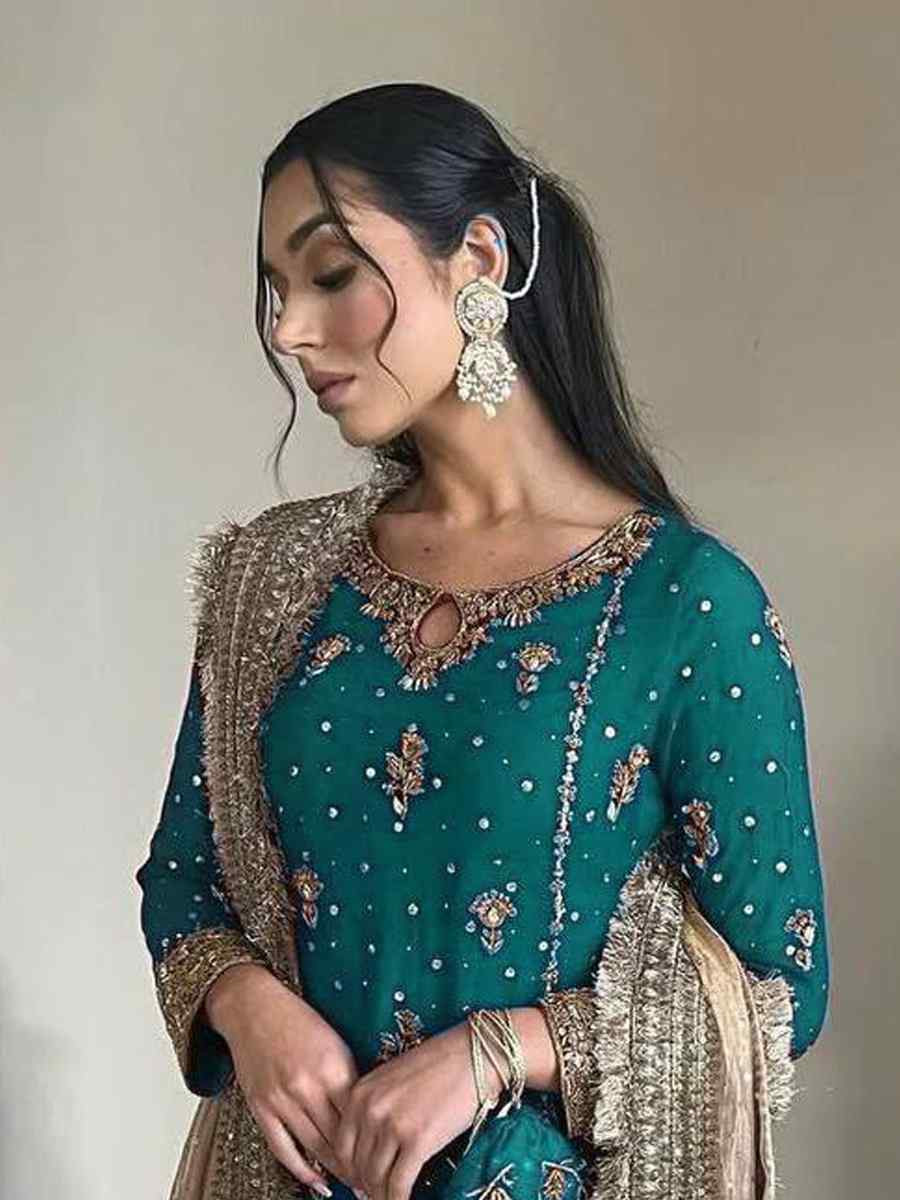 Teal Blue Faux Georgette  Embroidered Party Wedding Ready Palazzo Pant Salwar Kameez
