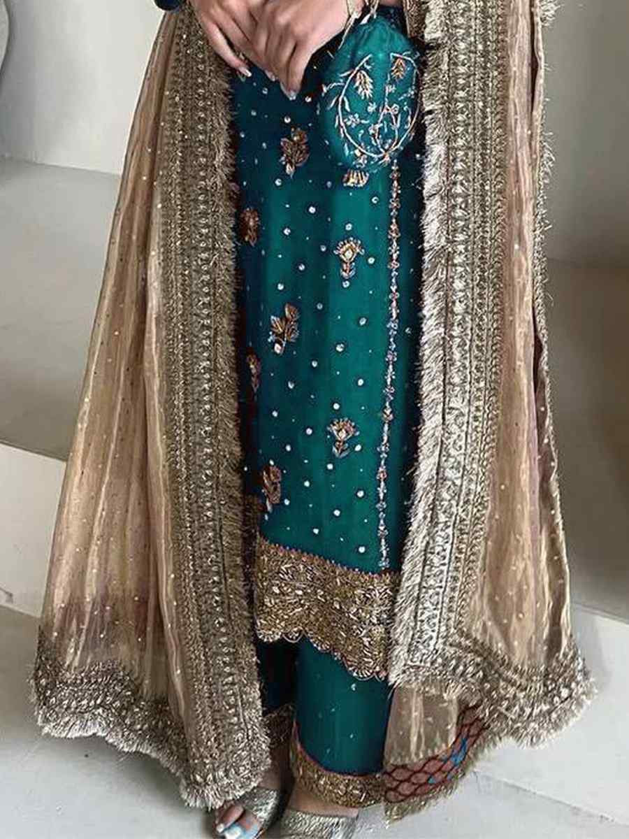 Teal Blue Faux Georgette  Embroidered Party Wedding Ready Palazzo Pant Salwar Kameez