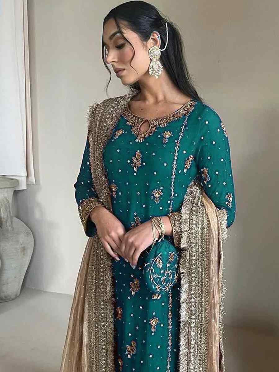 Teal Blue Faux Georgette  Embroidered Party Wedding Ready Palazzo Pant Salwar Kameez