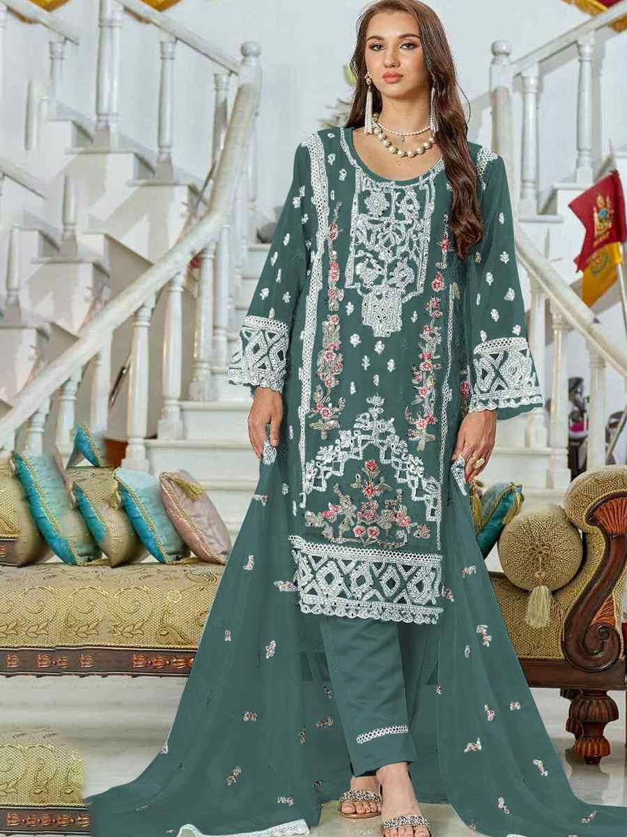 Teal Blue Faux Georgette Embroidered Festival Casual Pant Salwar Kamee