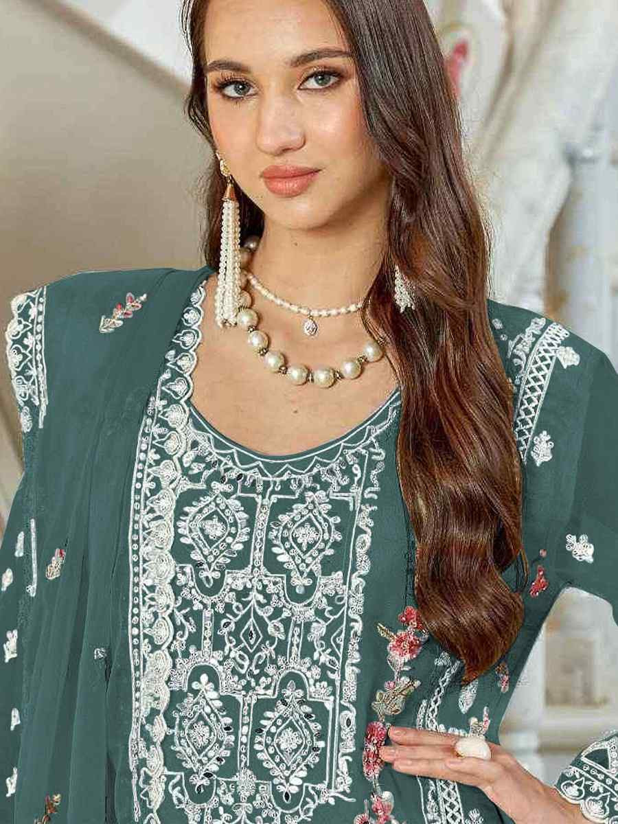 Teal Blue Faux Georgette Embroidered Festival Casual Pant Salwar Kamee