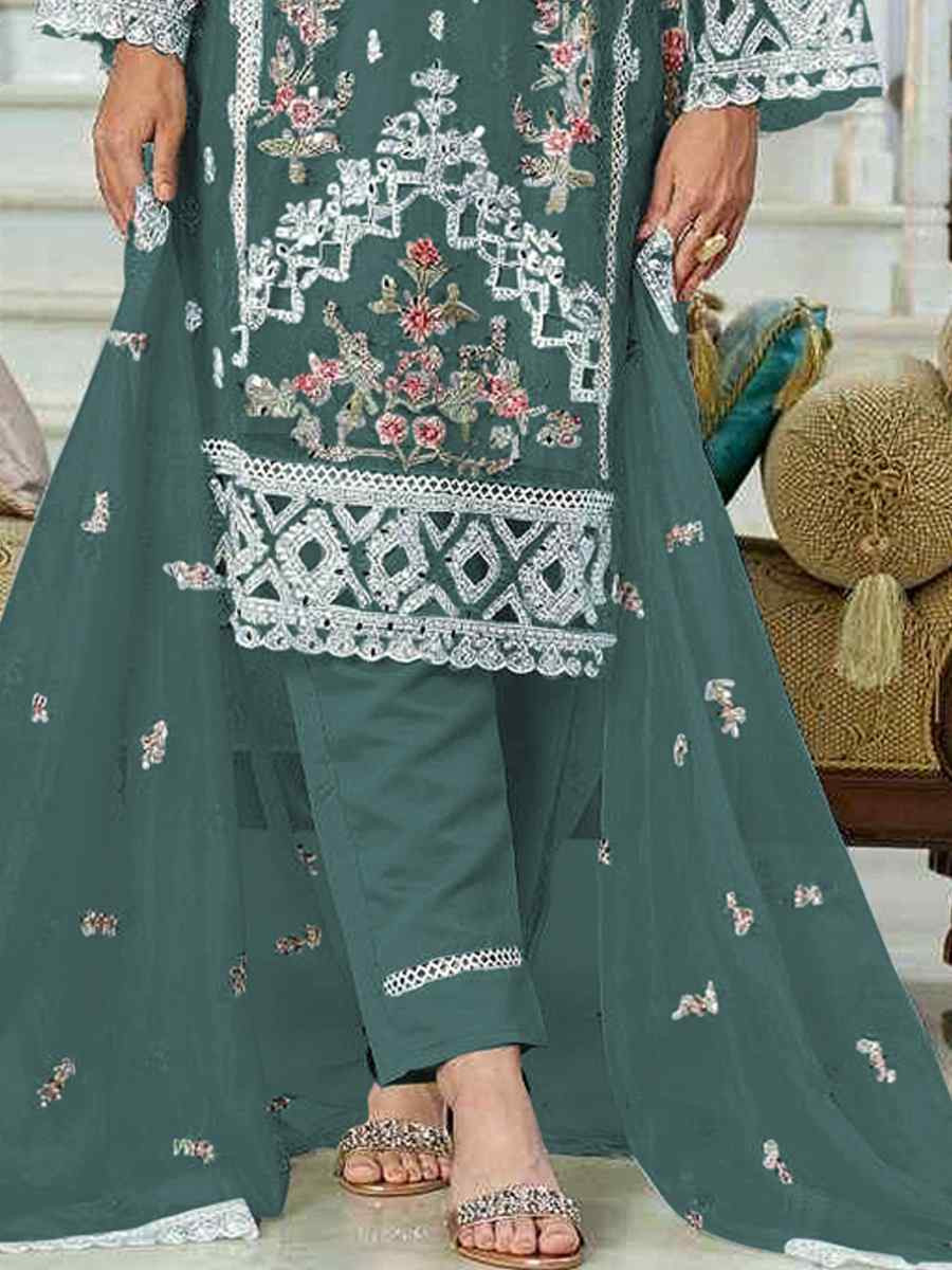Teal Blue Faux Georgette Embroidered Festival Casual Pant Salwar Kamee