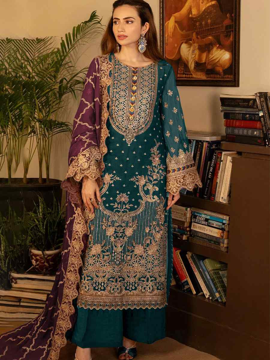 Teal Blue Faux Georgette Embroidered Festival Casual Pant Salwar Kameez