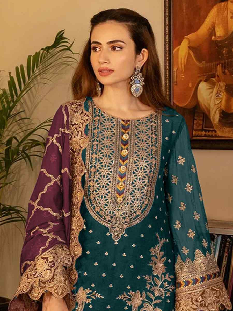 Teal Blue Faux Georgette Embroidered Festival Casual Pant Salwar Kameez