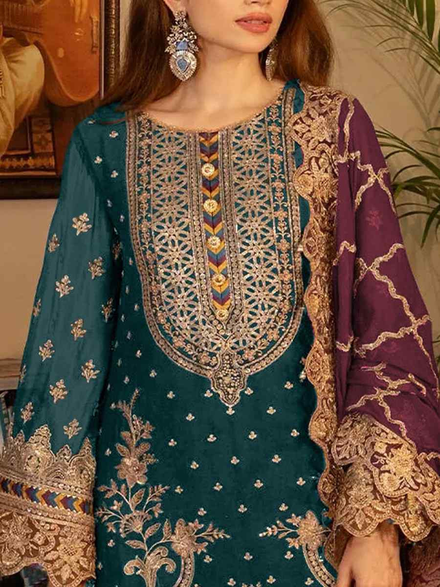 Teal Blue Faux Georgette Embroidered Festival Casual Pant Salwar Kameez
