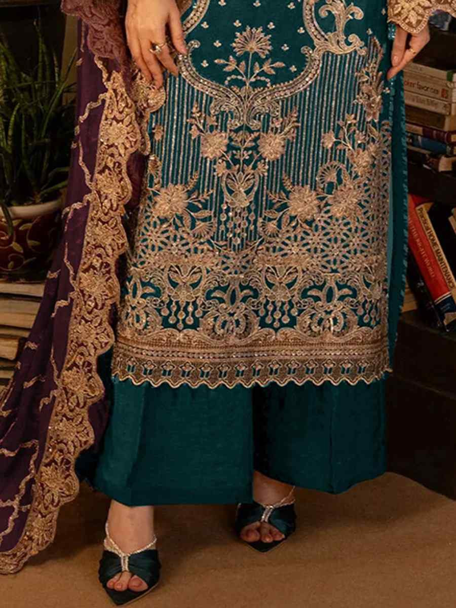 Teal Blue Faux Georgette Embroidered Festival Casual Pant Salwar Kameez