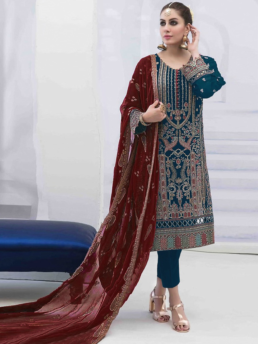 Teal Blue Faux Georgette Embroidered Festival Mehendi Pant Salwar Kameez