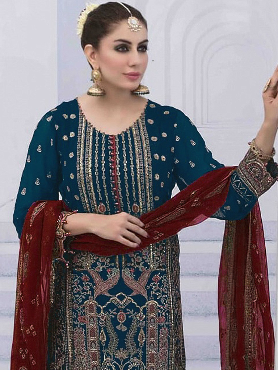 Teal Blue Faux Georgette Embroidered Festival Mehendi Pant Salwar Kameez