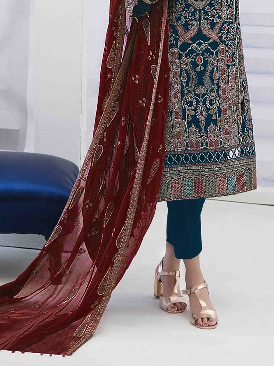 Teal Blue Faux Georgette Embroidered Festival Mehendi Pant Salwar Kameez