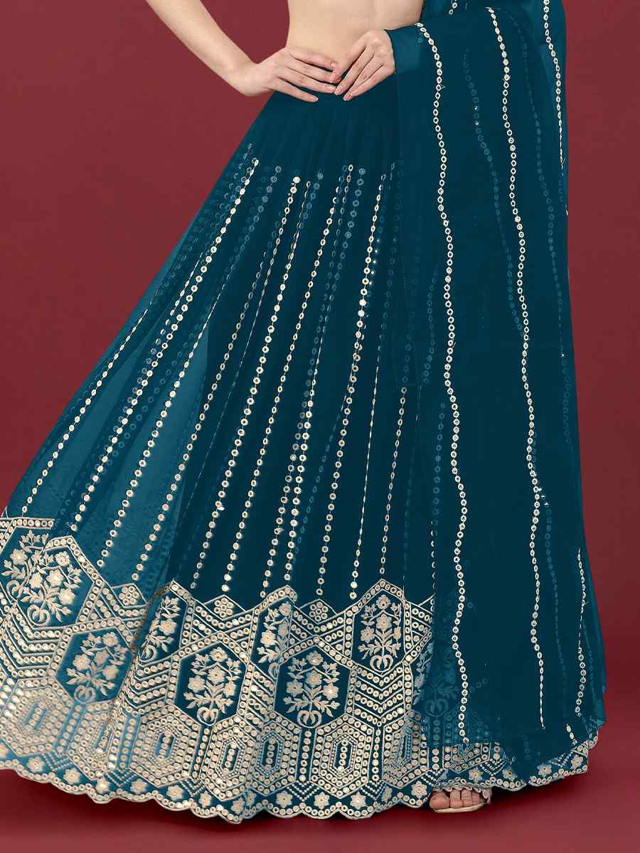 Teal Blue Faux Georgette Embroidered Festival Wedding Heavy Border Lehenga Choli