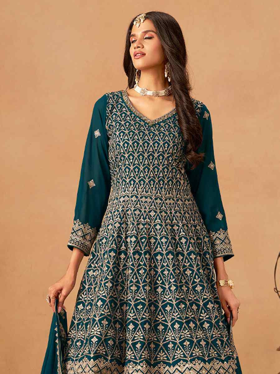 Teal Blue Faux Georgette Embroidered Festival Wedding Palazzo Pant Salwar Kameez
