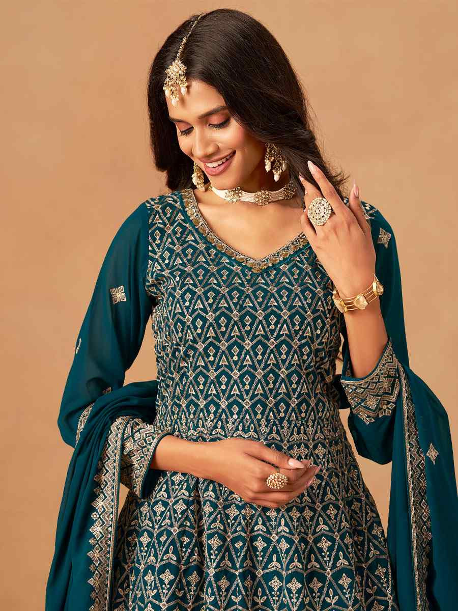 Teal Blue Faux Georgette Embroidered Festival Wedding Palazzo Pant Salwar Kameez