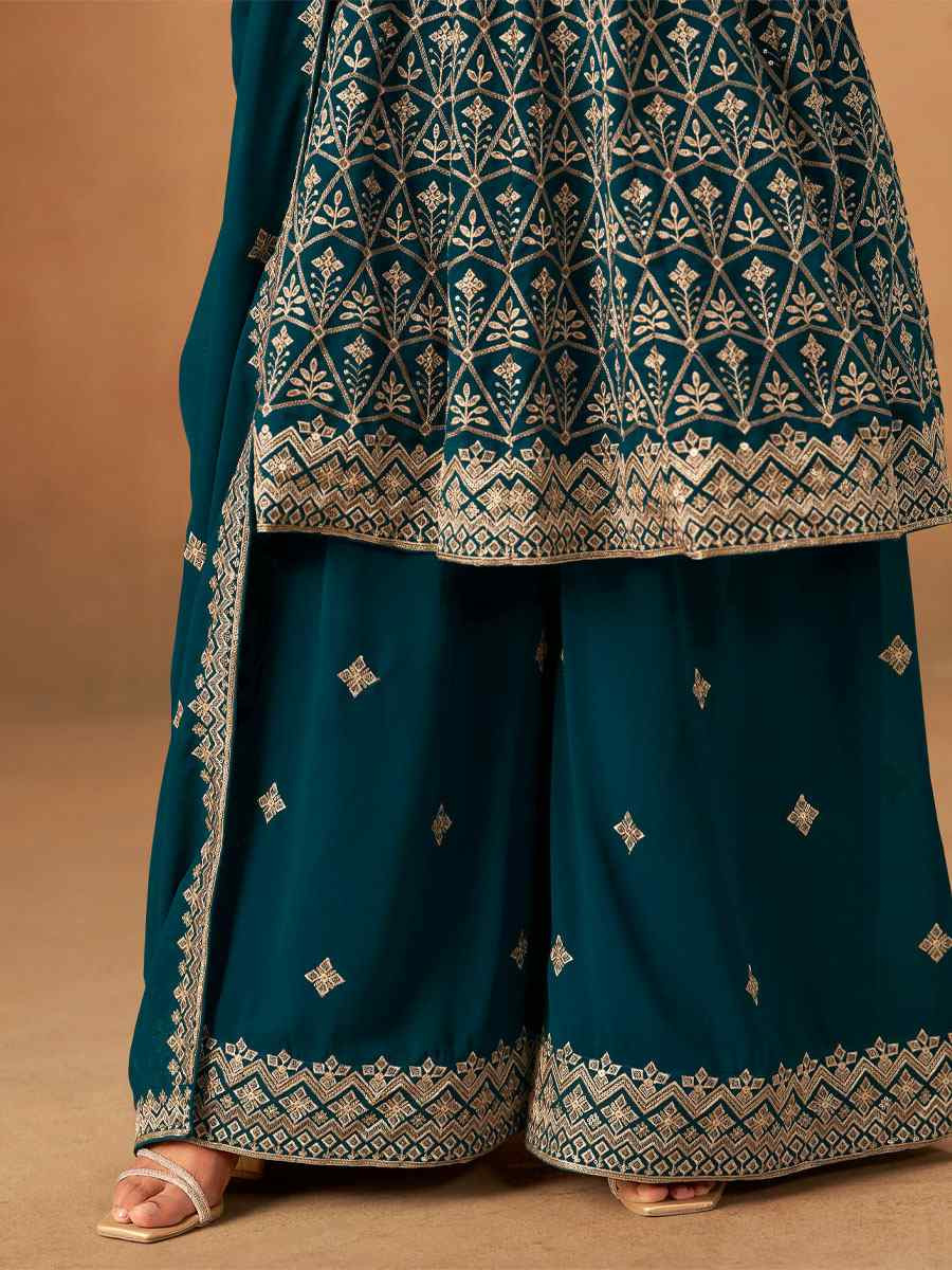 Teal Blue Faux Georgette Embroidered Festival Wedding Palazzo Pant Salwar Kameez