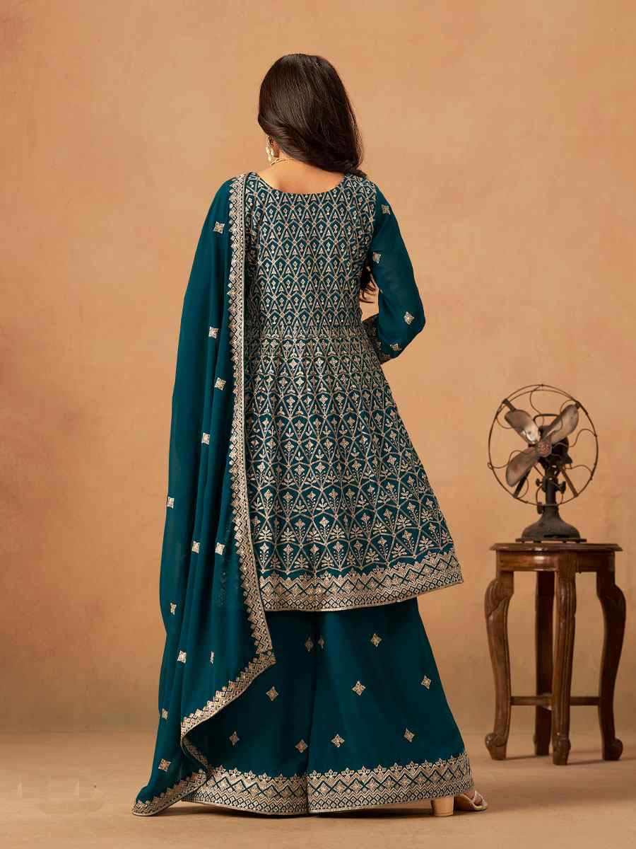 Teal Blue Faux Georgette Embroidered Festival Wedding Palazzo Pant Salwar Kameez