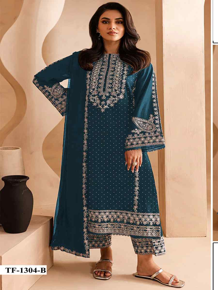 Teal Blue Faux Georgette Embroidered Festival Wedding Pant Salwar Kameez