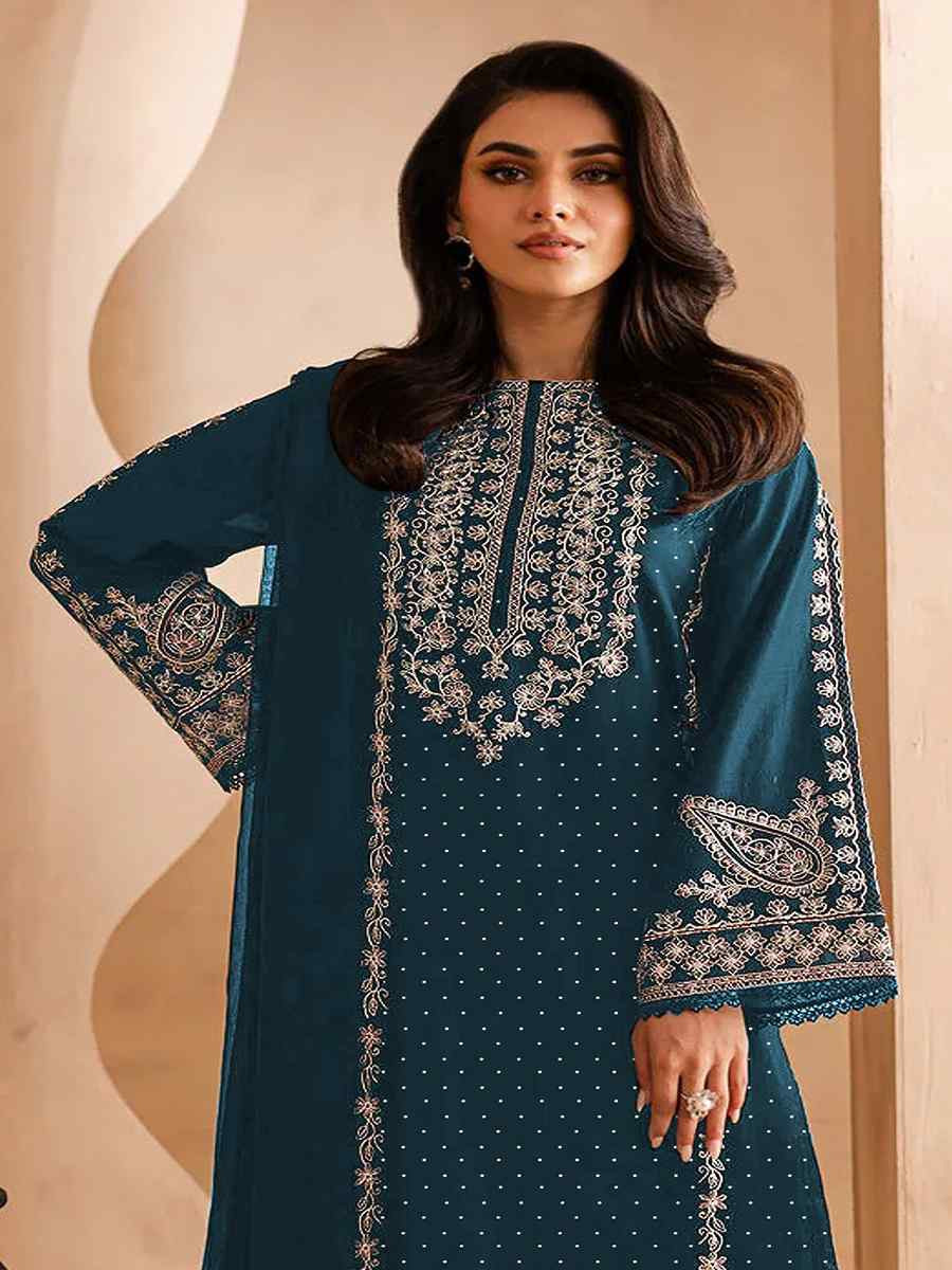 Teal Blue Faux Georgette Embroidered Festival Wedding Pant Salwar Kameez