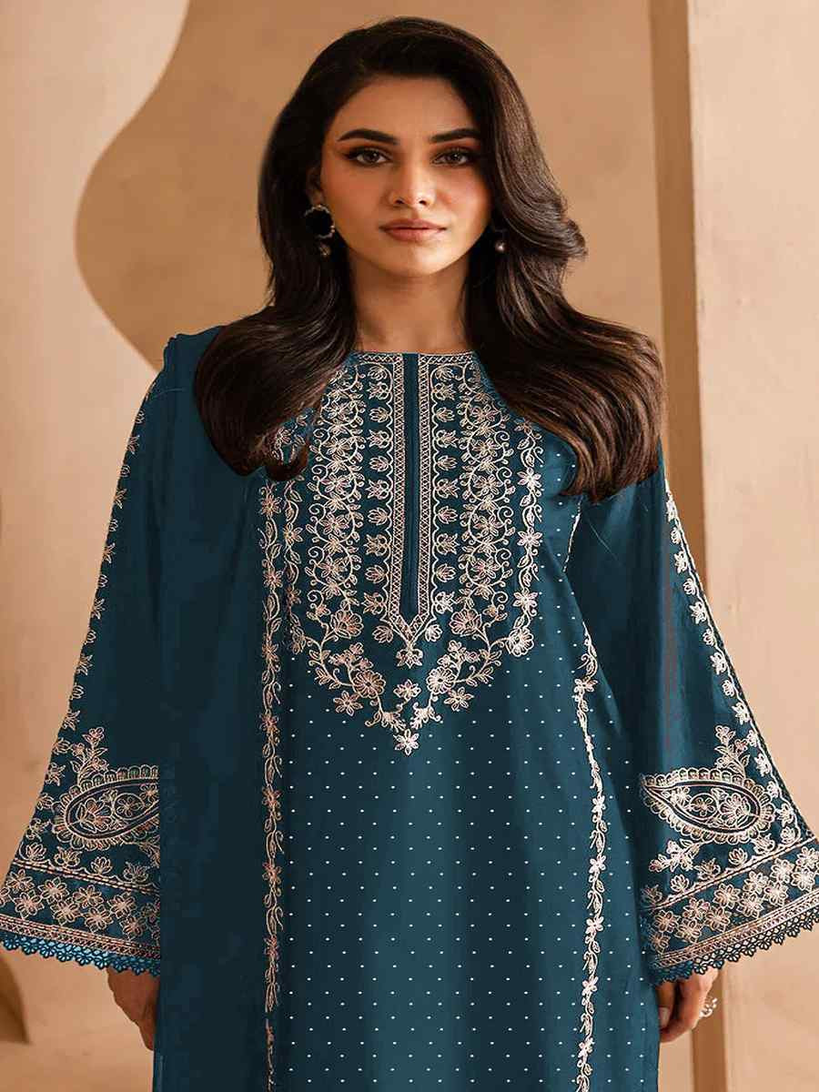 Teal Blue Faux Georgette Embroidered Festival Wedding Pant Salwar Kameez