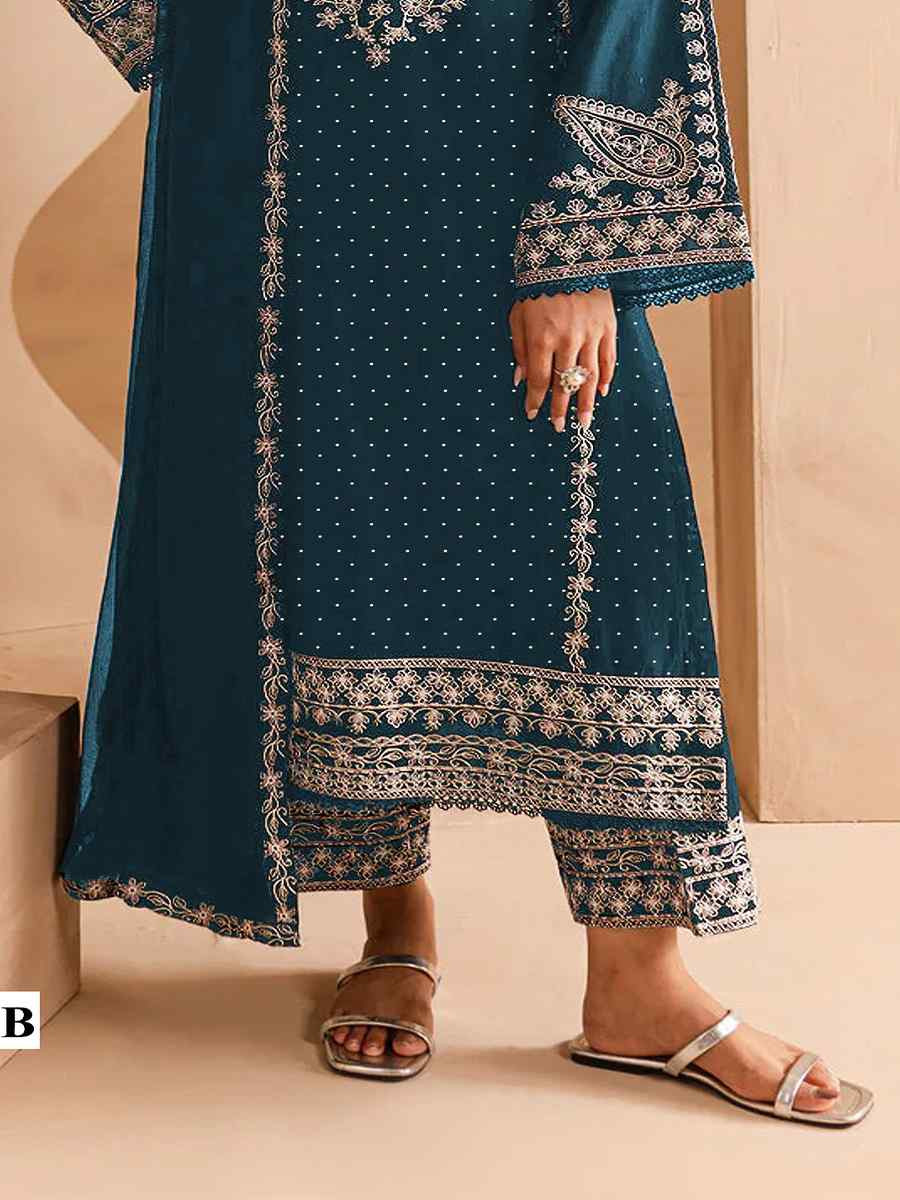Teal Blue Faux Georgette Embroidered Festival Wedding Pant Salwar Kameez