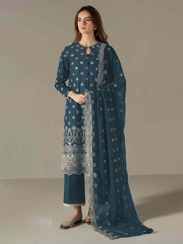 Teal Blue Faux Georgette Embroidered Festival Wedding Pant Salwar Kameez