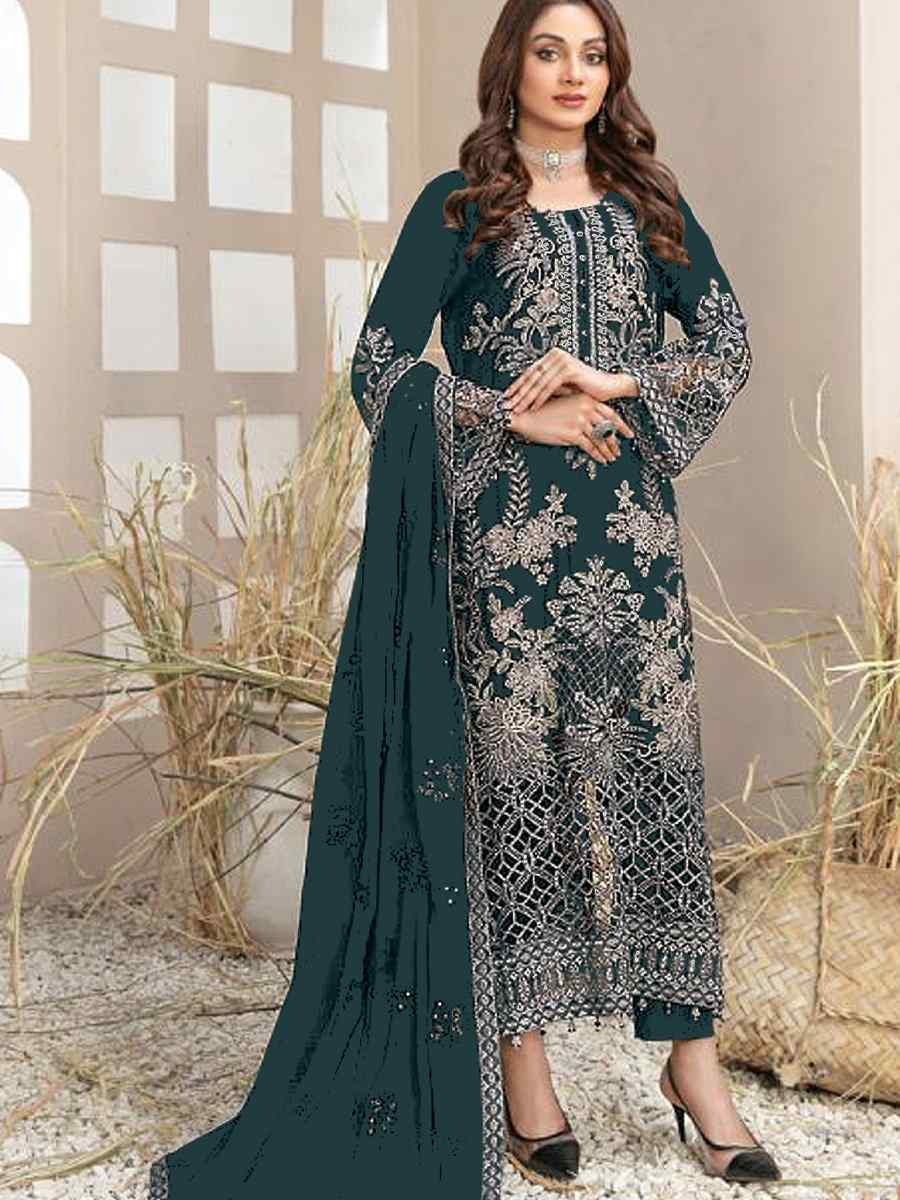 Teal Blue Faux Georgette Embroidered Festival Wedding Pant Salwar Kameez