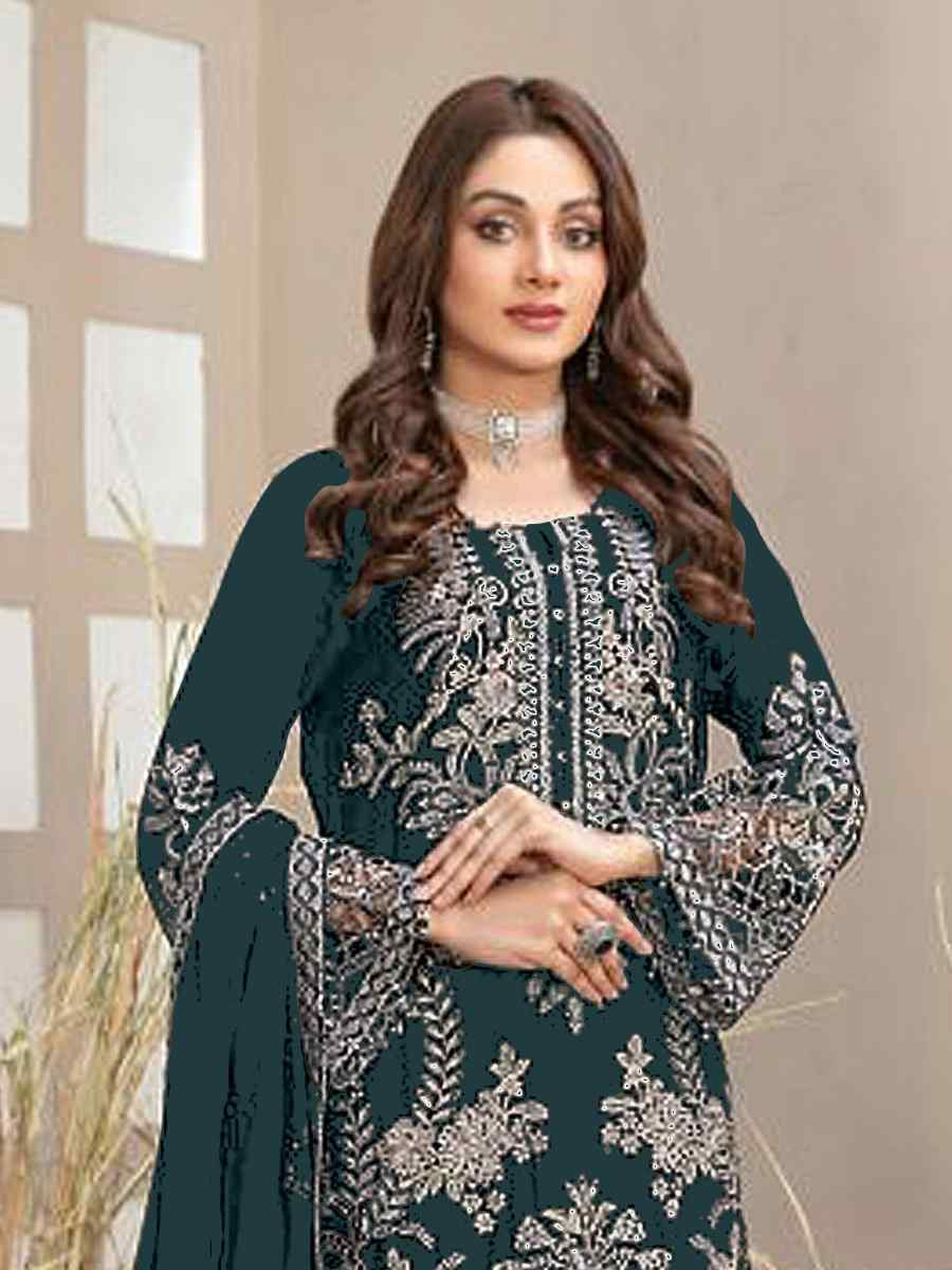 Teal Blue Faux Georgette Embroidered Festival Wedding Pant Salwar Kameez