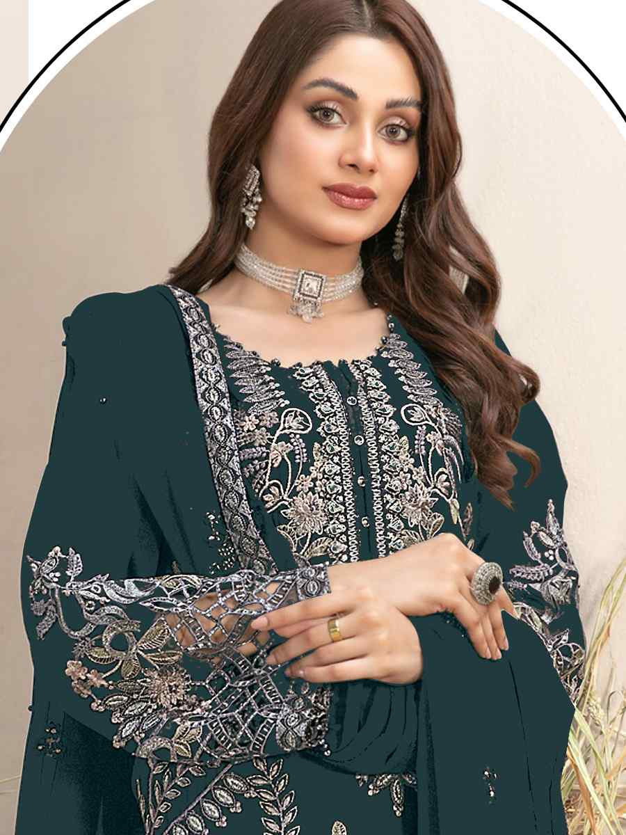 Teal Blue Faux Georgette Embroidered Festival Wedding Pant Salwar Kameez