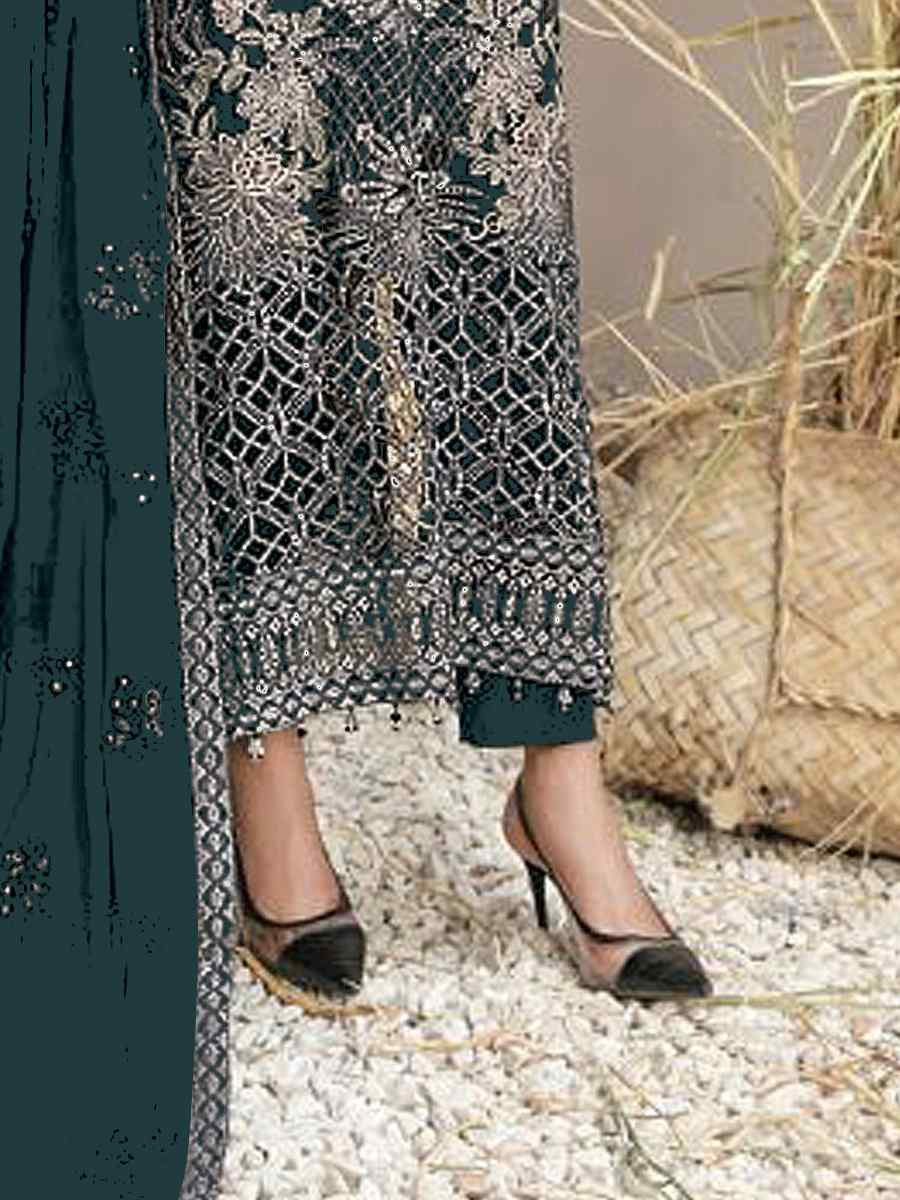 Teal Blue Faux Georgette Embroidered Festival Wedding Pant Salwar Kameez