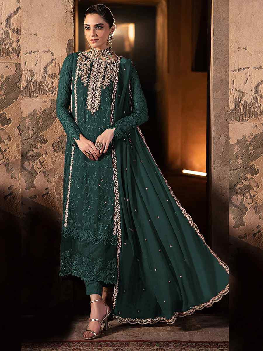 Teal Blue Faux Georgette Embroidered Festival Wedding Pant Salwar Kameez
